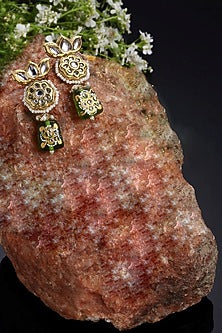 Gold Finish Kundan Polki Dangler Earrings In Sterling Silver