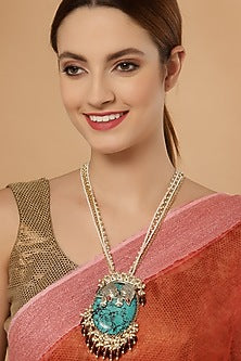 Gold Finish Kundan Polki Long Necklace In Sterling Silver