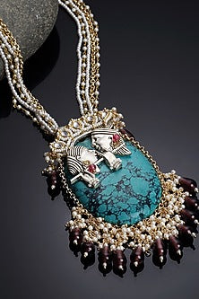 Gold Finish Kundan Polki Long Necklace In Sterling Silver