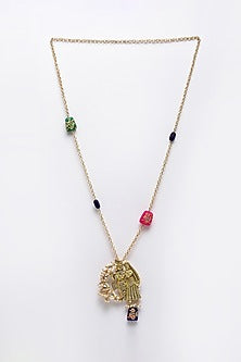 Gold Finish Natural Stones Long Necklace In Sterling Silver