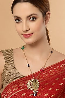 Gold Finish Natural Stones Long Necklace In Sterling Silver
