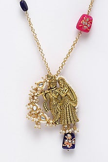 Gold Finish Natural Stones Long Necklace In Sterling Silver
