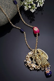 Gold Finish Natural Stones Long Necklace In Sterling Silver
