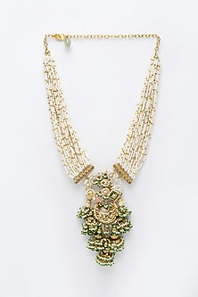 Gold Finish Long Necklace With Kundan Polki & Pearls In Sterling Silver