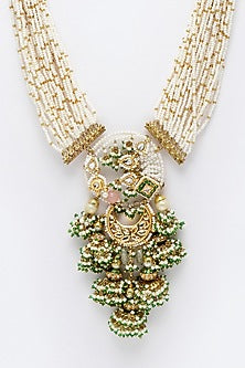 Gold Finish Long Necklace With Kundan Polki & Pearls In Sterling Silver