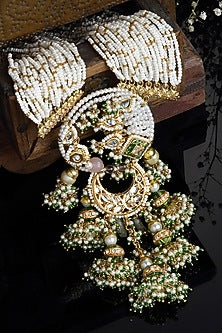 Gold Finish Long Necklace With Kundan Polki & Pearls In Sterling Silver