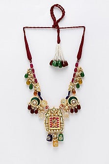 Gold Finish Long Necklace With Kundan Polki In Sterling Silver