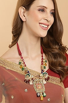 Gold Finish Long Necklace With Kundan Polki In Sterling Silver