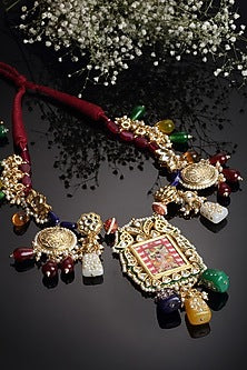 Gold Finish Long Necklace With Kundan Polki In Sterling Silver