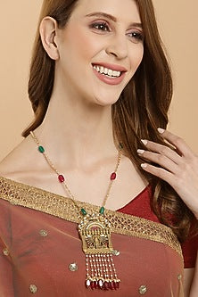 Gold Finish Long Necklace With Natural Stones In Sterling Silver