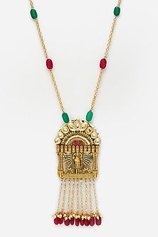 Gold Finish Long Necklace With Natural Stones In Sterling Silver
