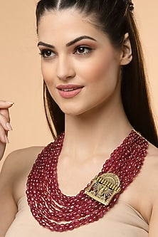 Gold Finish Faux Ruby Necklace In Sterling Silver