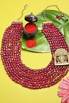 Gold Finish Faux Ruby Necklace In Sterling Silver
