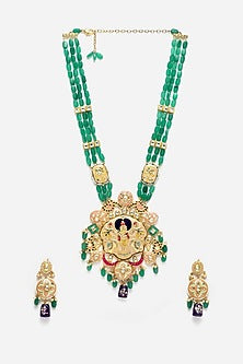 Gold Finish Kundan Polki & Pearls Necklace Set In Sterling Silver