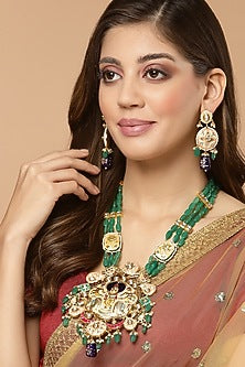 Gold Finish Kundan Polki & Pearls Necklace Set In Sterling Silver