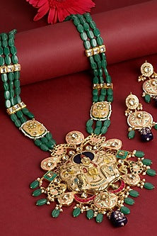 Gold Finish Kundan Polki & Pearls Necklace Set In Sterling Silver