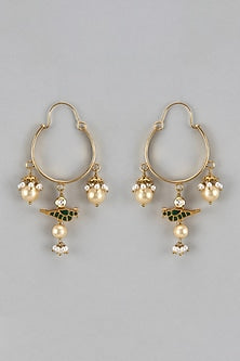 Gold Finish Kundan Polki & Pearl Hoop Earrings