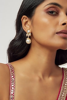 Gold Finish Kundan Polki & Pearl Dangler Earrings