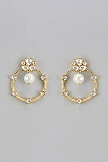 Gold Finish Kundan Polki & Pearl Chandbaali Earrings