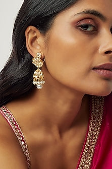 Gold Finish Kundan Polki & Pearl Jhumka Earrings