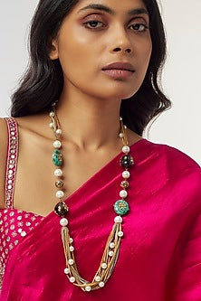 Gold Finish Black Tumble & Pearl Long Necklace