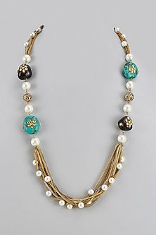 Gold Finish Black Tumble & Pearl Long Necklace