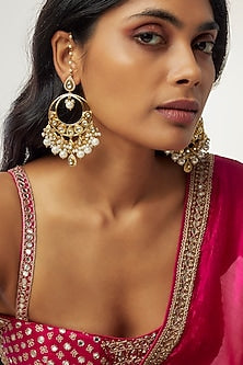 Gold Finish Kundan Polki & Pearl Chandbaali Earrings