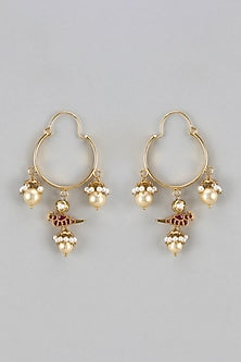 Gold Finish Kundan Polki & Pearl Hoop Earrings