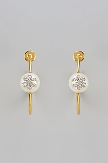 Gold Finish Zircon & Pearl Hoop Earrings