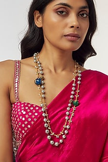 Gold Finish Tumble & Grey Pearl Long Necklace
