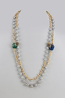 Gold Finish Tumble & Grey Pearl Long Necklace