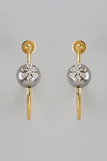 Gold Finish Zircon & Grey Pearl Hoop Earrings