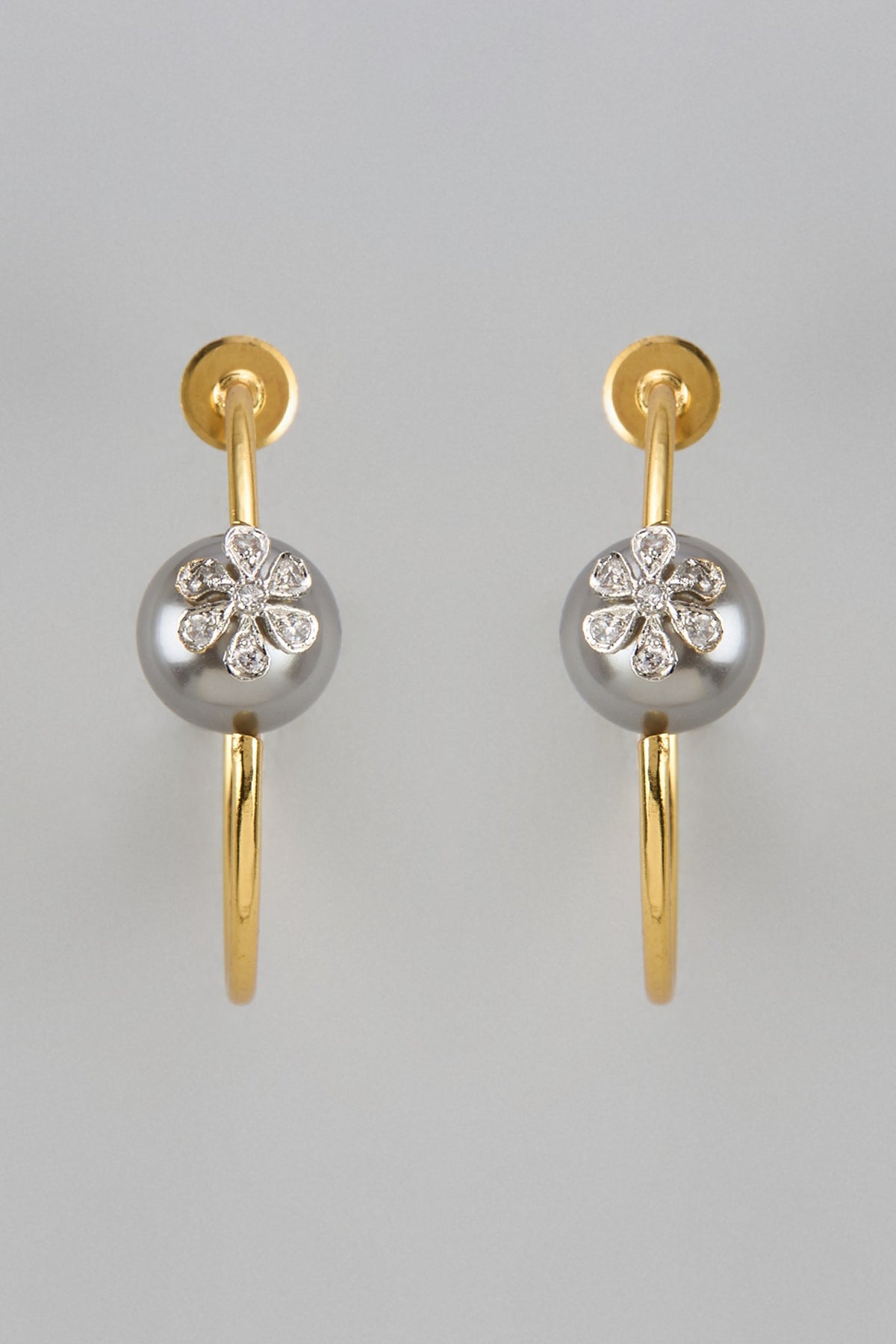 Gold Finish Zircon & Grey Pearl Hoop Earrings