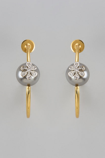 Gold Finish Zircon & Grey Pearl Hoop Earrings