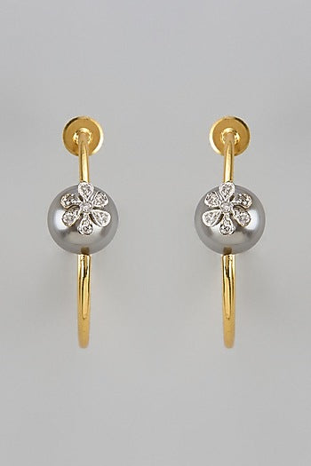 Gold Finish Zircon & Grey Pearl Hoop Earrings