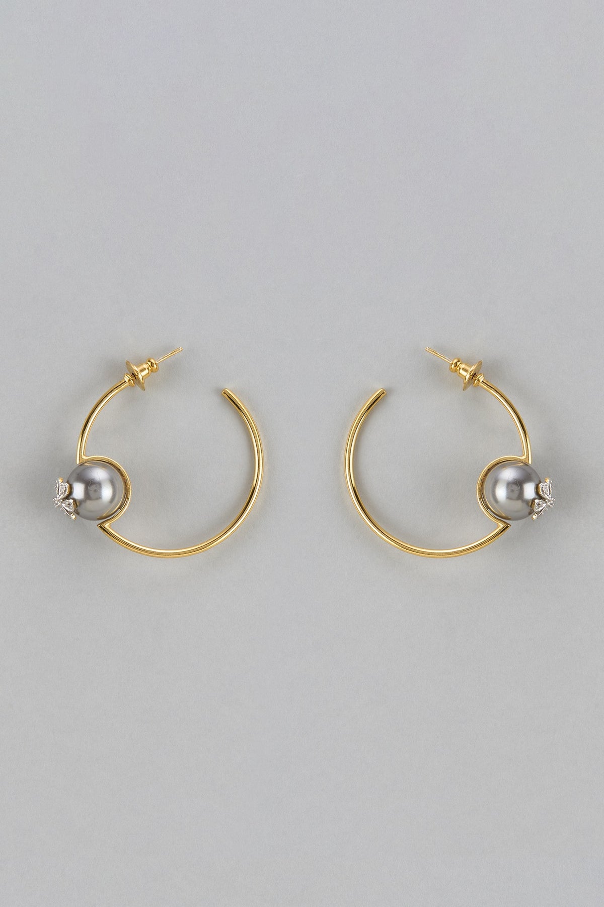 Gold Finish Zircon & Grey Pearl Hoop Earrings