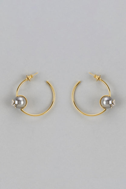Gold Finish Zircon & Grey Pearl Hoop Earrings