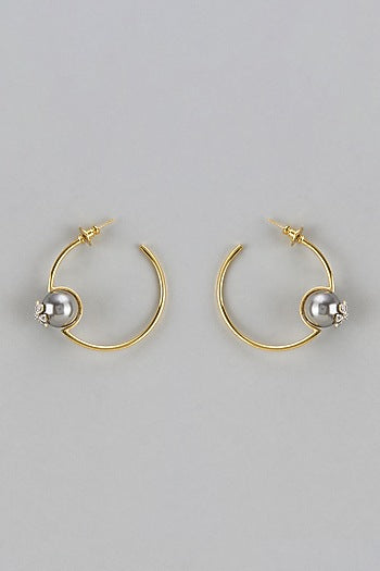 Gold Finish Zircon & Grey Pearl Hoop Earrings