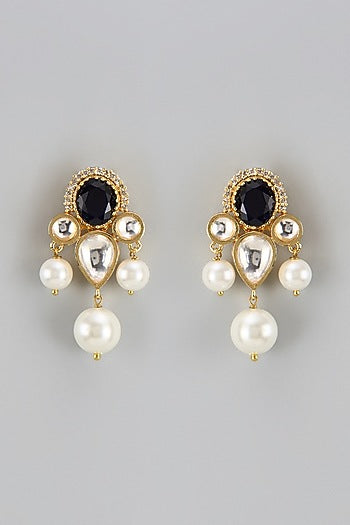 Gold Finish Kundan Polki & Pearl Dangler Earrings