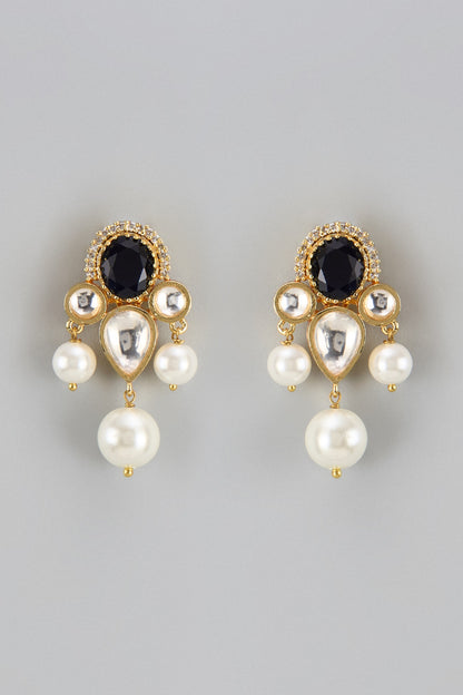 Gold Finish Kundan Polki & Pearl Dangler Earrings