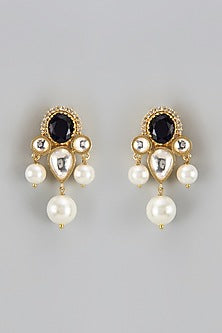 Gold Finish Kundan Polki & Pearl Dangler Earrings