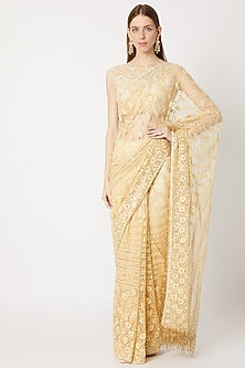 Golden Fringed & Embroidered Saree Set