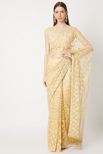Golden Fringed & Embroidered Saree Set