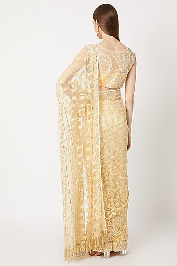 Golden Fringed & Embroidered Saree Set