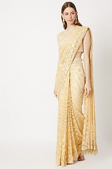 Golden Fringed & Embroidered Saree Set