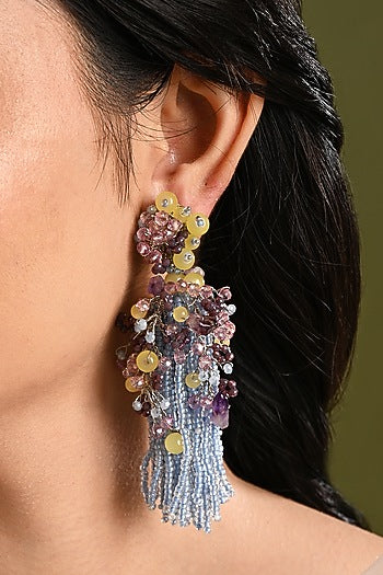 Gold Finish Blue Monalisa Stone Dangler Earrings