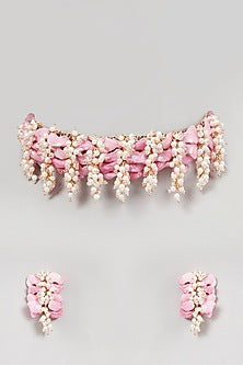 Gold Finish Shell Pearls Choker Necklace Set