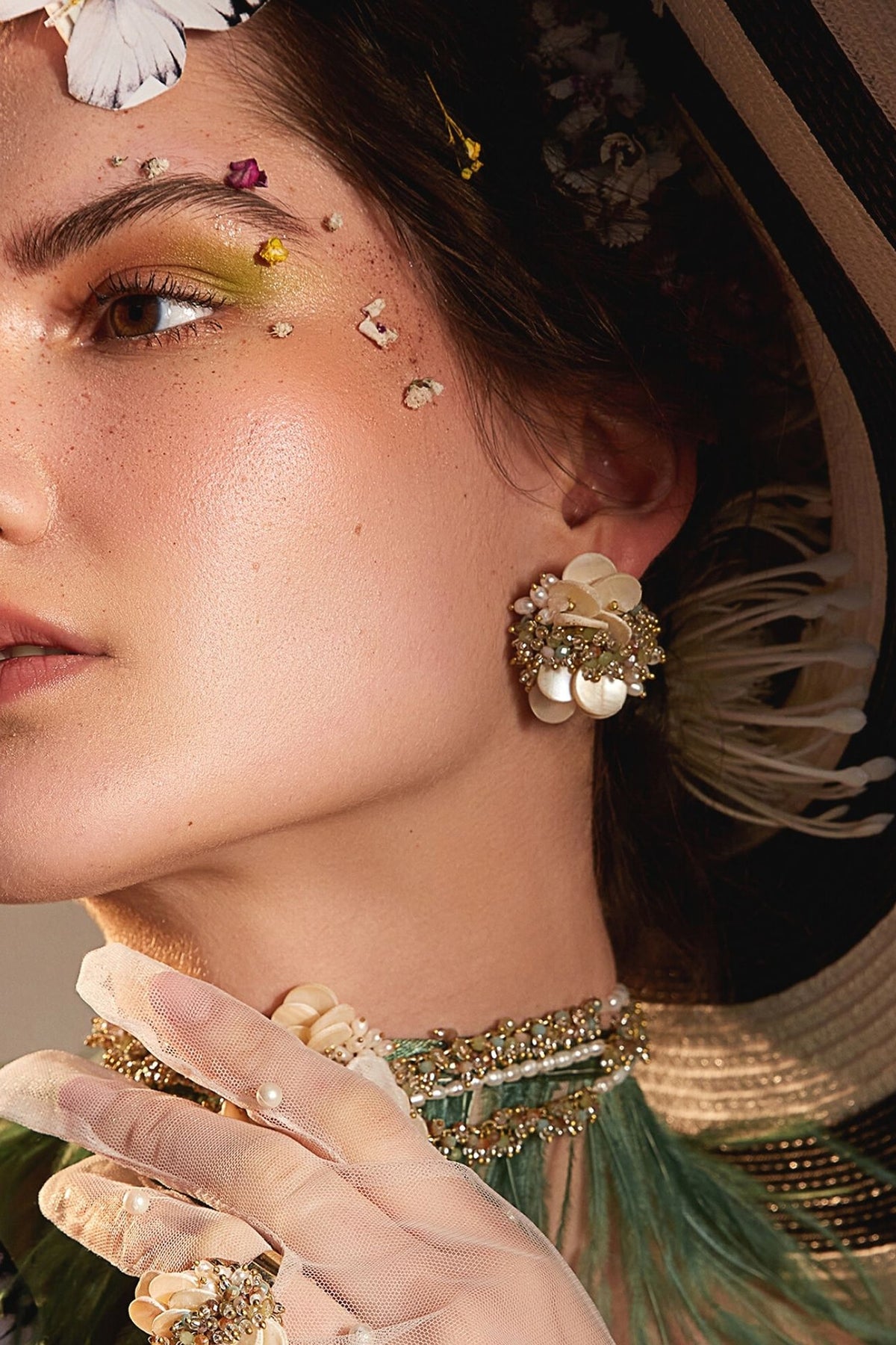 Gold Finish Shell Pearl & Beaded Stud Earrings