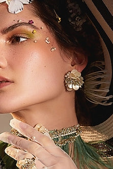 Gold Finish Shell Pearl & Beaded Stud Earrings