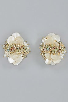 Gold Finish Shell Pearl & Beaded Stud Earrings
